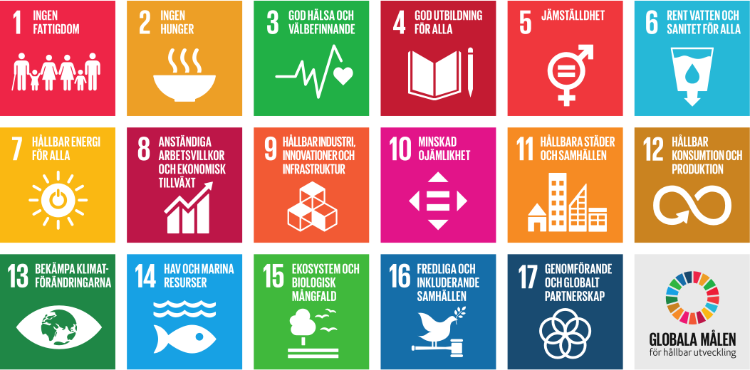 Rutor i olika färger som beskriver FN:s globala mål för 2030.