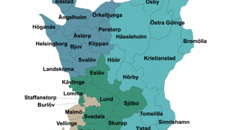 Skånekarta med alla kommuner utskrivna
